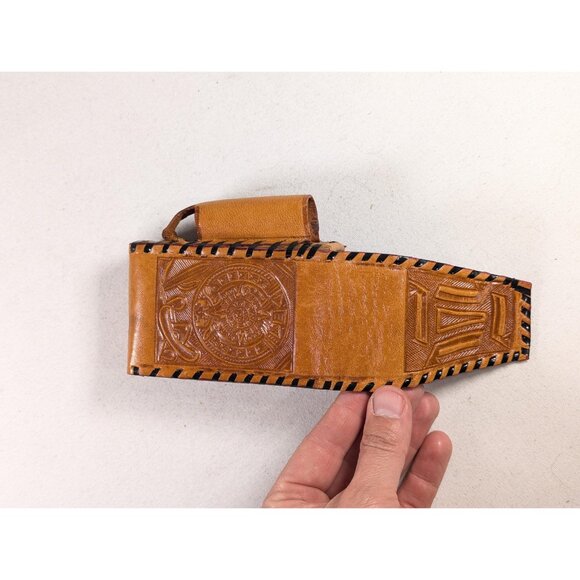 Brown Leather Aztec Calendar cigarette + lighter sleeve, business card sleeve - Picture 4 of 10